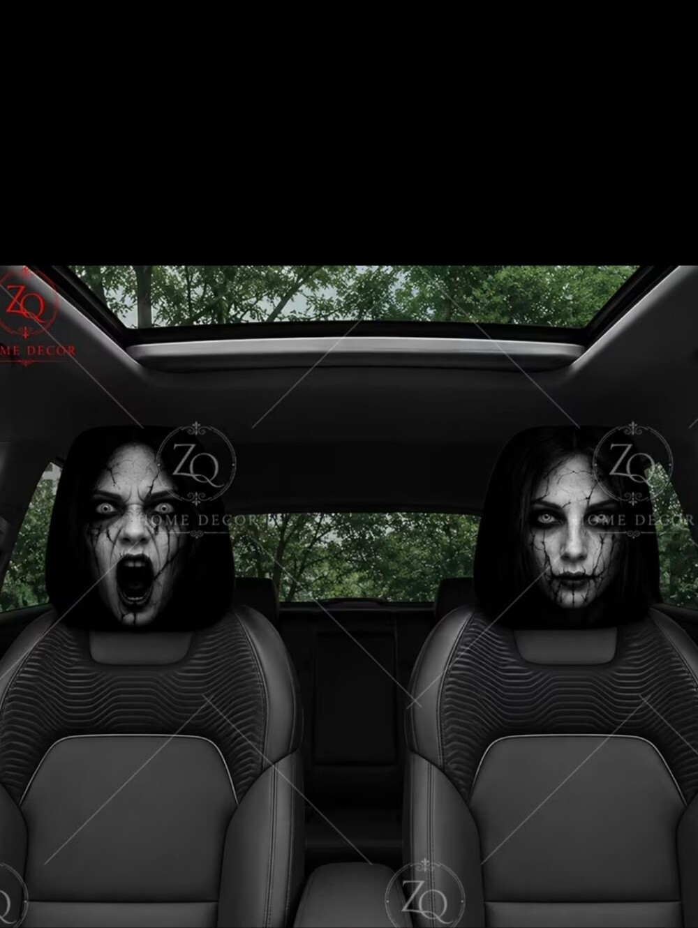 Halloween Horror Car Headrest Covers - Ghostly Black Design 2pcs Set